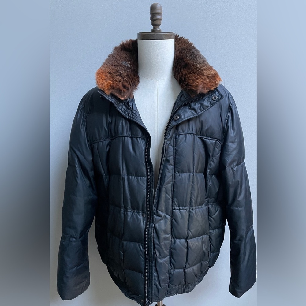 Andrew Marc XXL Blue Puffer Jacket with Rabbit Fur Trim and Hood